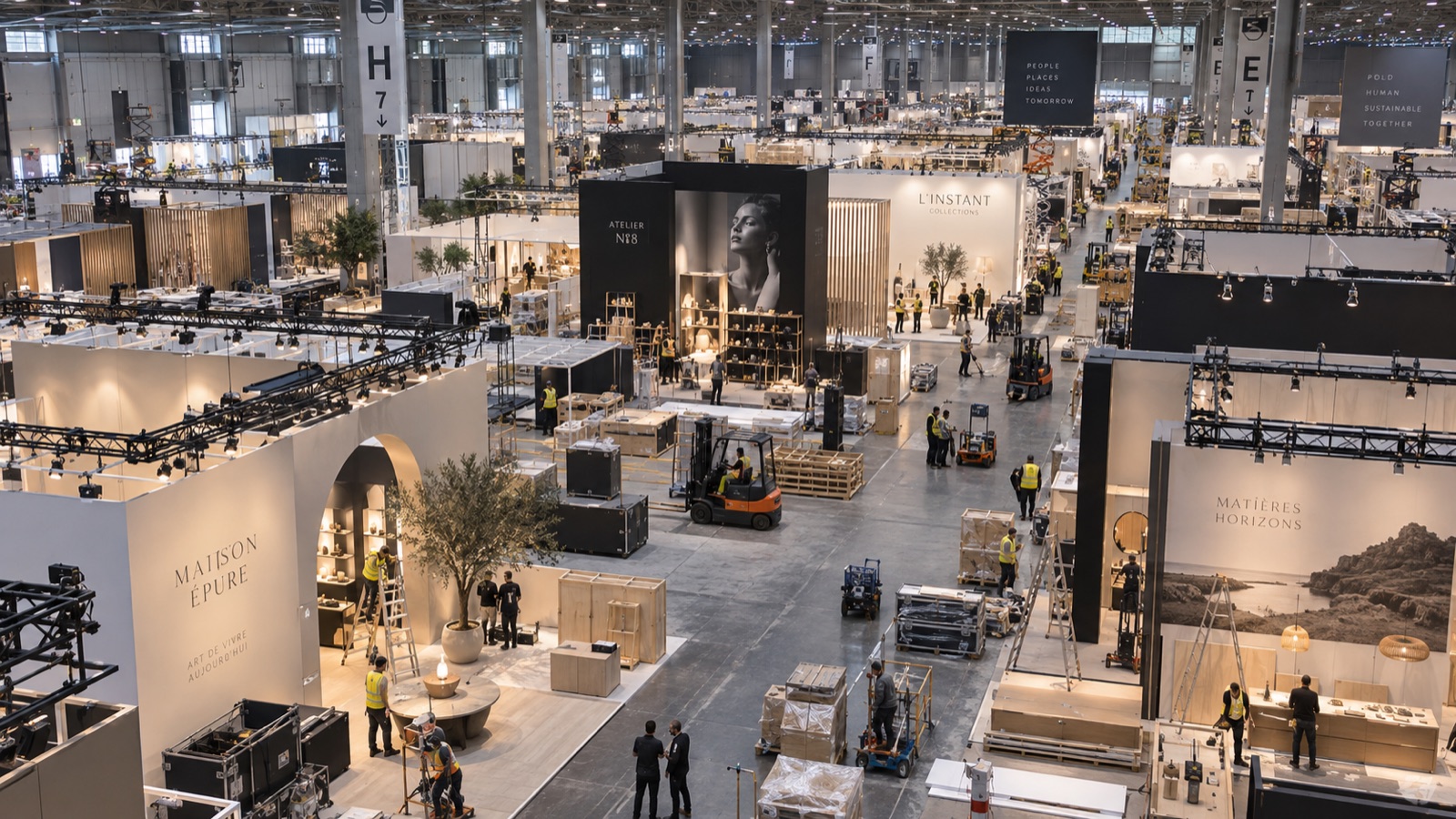 Montage de stands IEFS dans un hall de salon professionnel